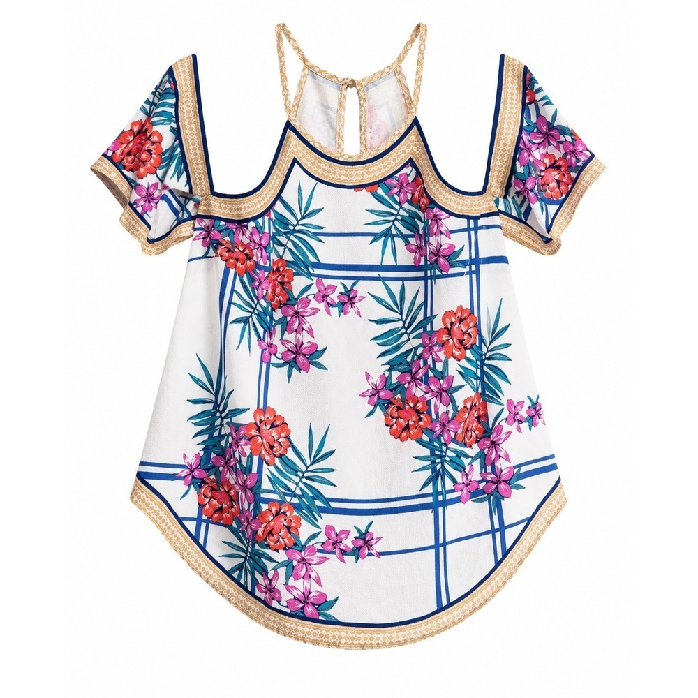 Flying Tomato Cold Shoulder Floral Top Medium Tropical Keyhole Back Boho Summer